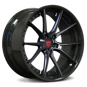 High-performance Aston Martin Vanquish 10 spoke wheels in a gloss black and carbon fiber wrapped spokes